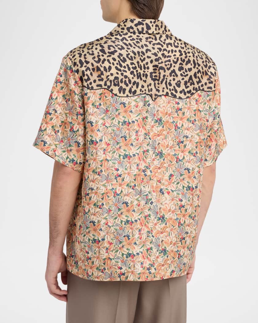 Valentino Garavani Men's Leopard Floral Silk Camp Shirt | Neiman