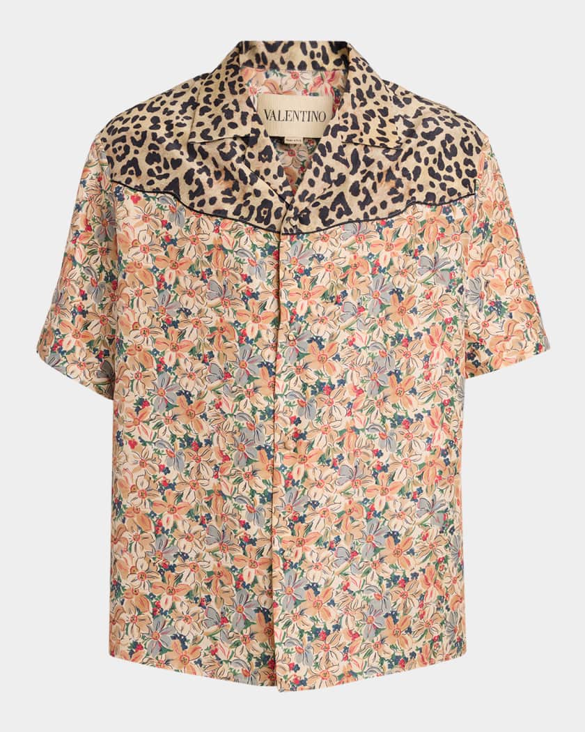 Valentino Garavani Men's Leopard Floral Silk Camp Shirt | Neiman