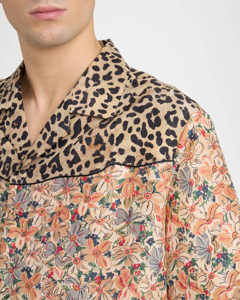 Valentino Garavani Men's Leopard Floral Silk Camp Shirt | Neiman