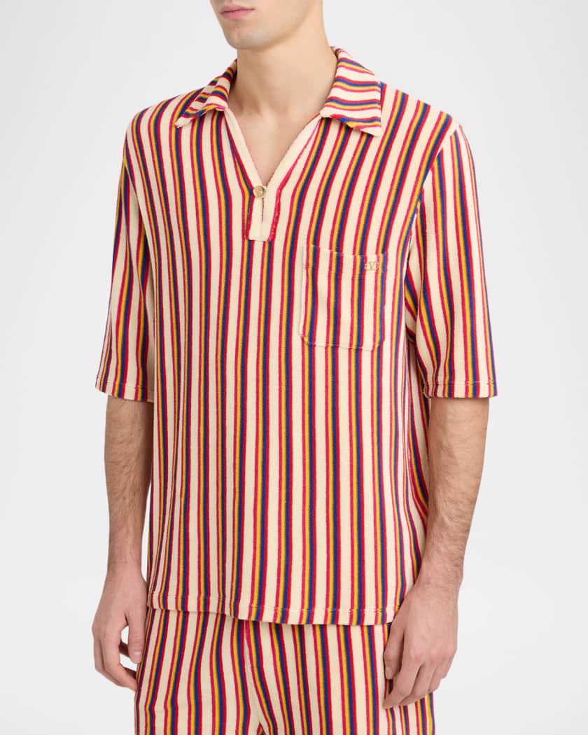 RED VALENTINO ポルカドットストライプコットンシャツ Valentino Garavani Men's Striped Toweling Camp Shirt | Neiman Marcus