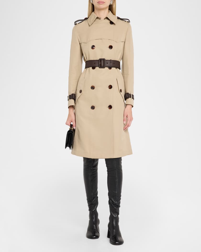 Burberry Foxfield Leather-Trim Double-Breasted Trench Coat