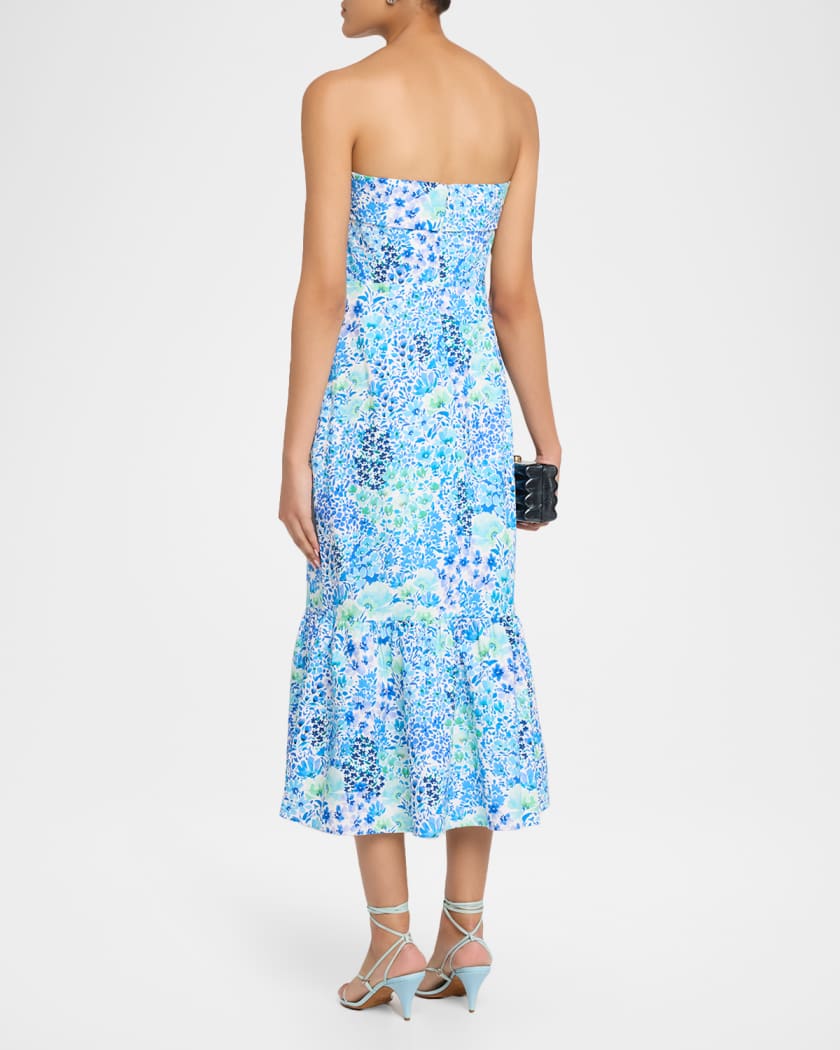 Shoshanna Wright Strapless Floral-Print Flounce Midi Dress | Neiman Marcus