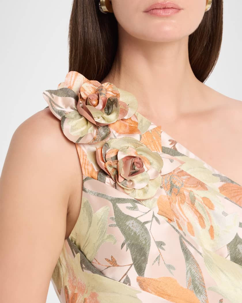 Aidan Mattox Pleated One-Shoulder Floral Jacquard Gown | Neiman Marcus