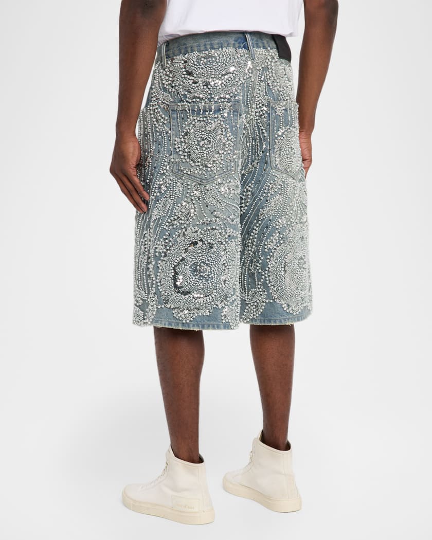 Men's P070 Hand-Beaded & Crystal-Embellished Denim Shorts