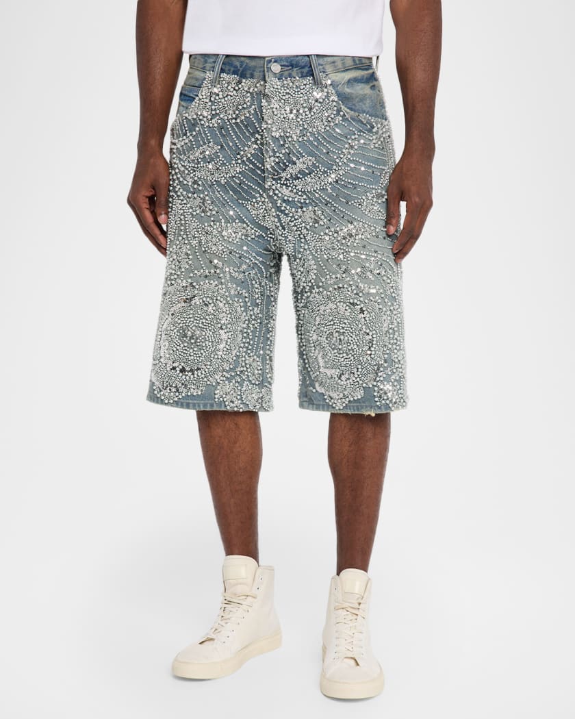 Men's P070 Hand-Beaded & Crystal-Embellished Denim Shorts