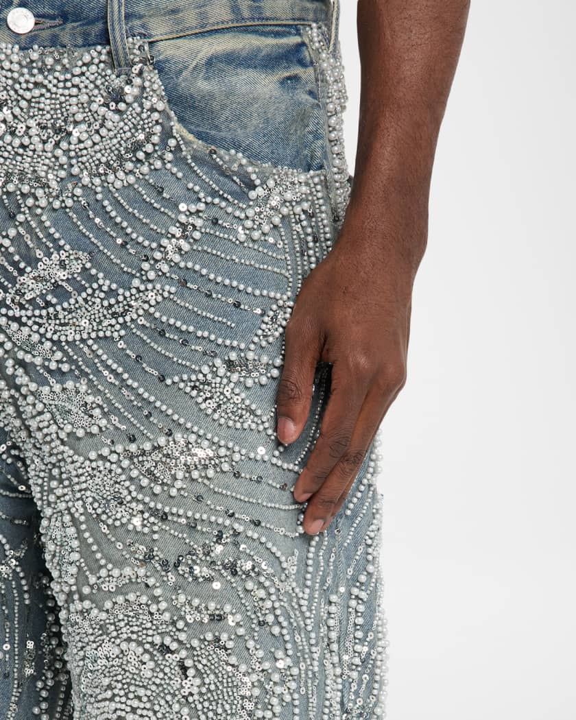 Men's P070 Hand-Beaded & Crystal-Embellished Denim Shorts