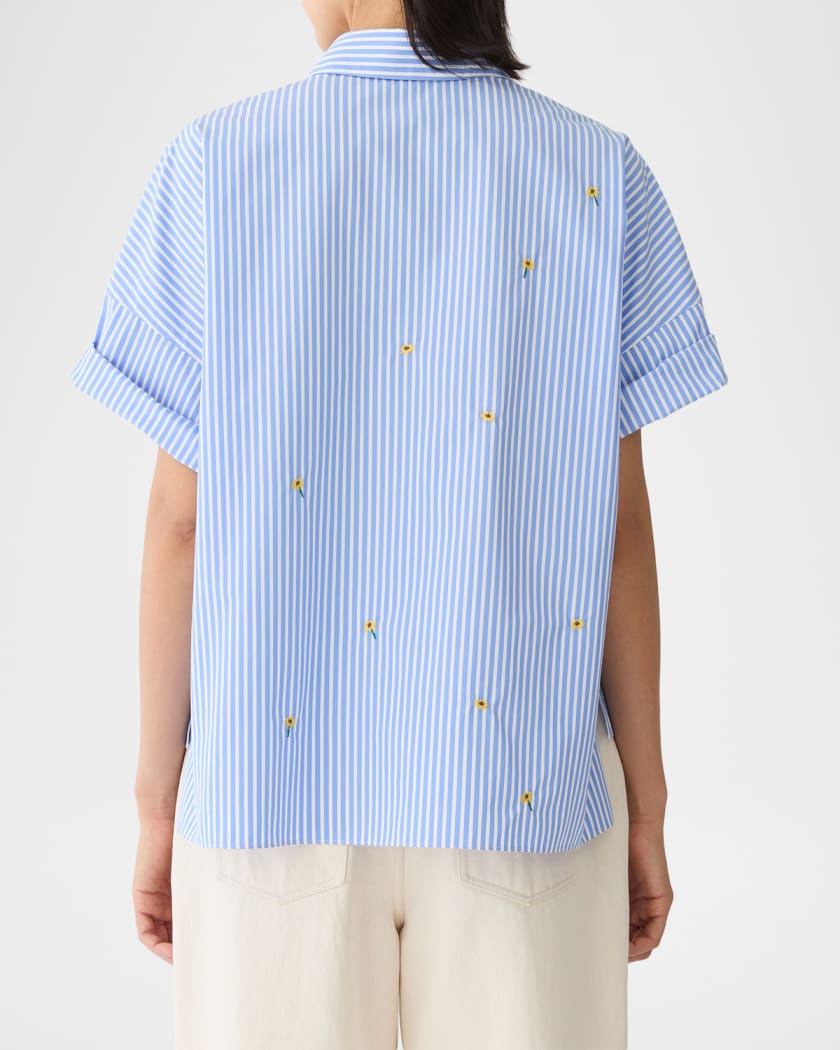 Lafayette 148 New York Striped Floral-Embroidered Cotton Shirt