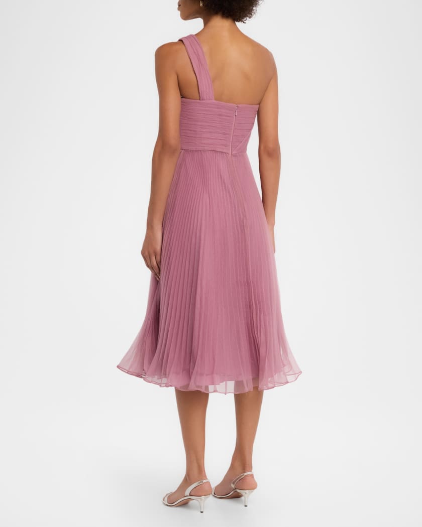 Theia Cece Pleated One-Shoulder Organza Midi Dress | Neiman Marcus