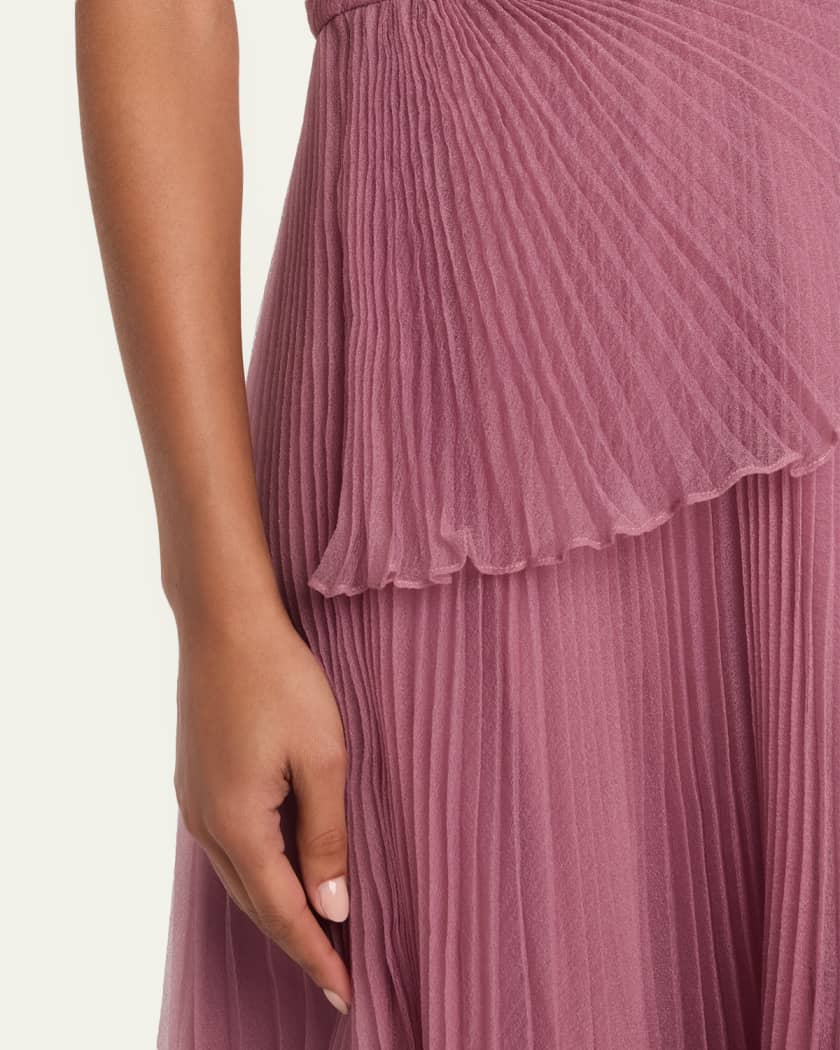 Theia Cece Pleated One-Shoulder Organza Midi Dress | Neiman Marcus