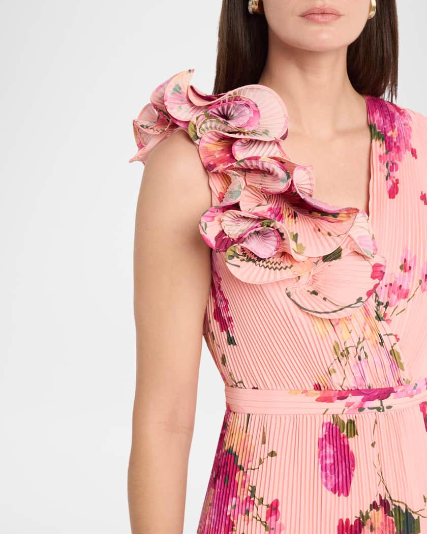 Aidan Mattox Pleated Floral-Print Crepe De Chine Gown | Neiman Marcus