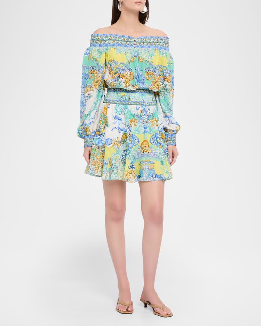 Camilla Dial Up The Tiles Off-Shoulder Mini Dress | Neiman Marcus