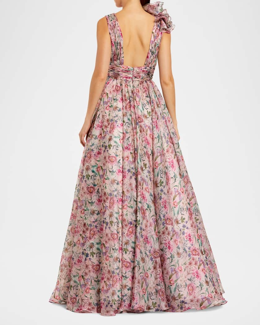 Mac Duggal Plunging Floral-Print Chiffon Ball Gown