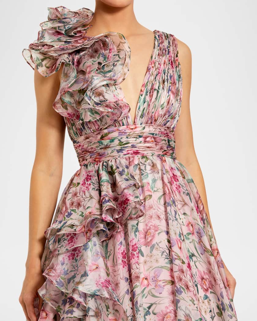 Mac Duggal Plunging Floral-Print Chiffon Ball Gown | Neiman Marcus
