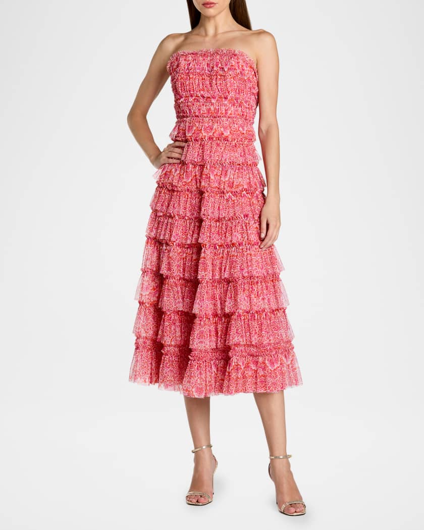 sachin and babi light blue dress Mac Duggal Strapless Floral Tiered Midi Dress
