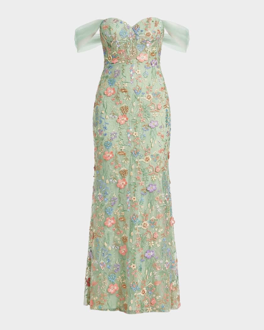 Mac Duggal Floral-Embroidered Off-The-Shoulder Bustier Gown | Neiman Marcus