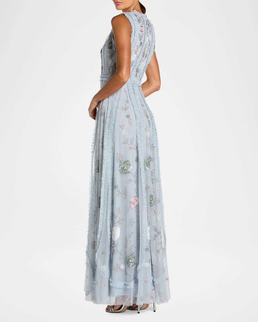 Mac Duggal Women's Floral Mesh Sleeveless A-Line Micro Ruffle Gown - Blue - Size 16 - Powder Blue