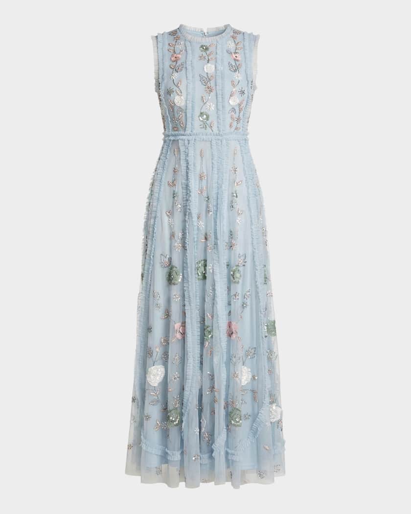Mac Duggal Women's Floral Mesh Sleeveless A-Line Micro Ruffle Gown - Blue - Size 12 - Powder Blue