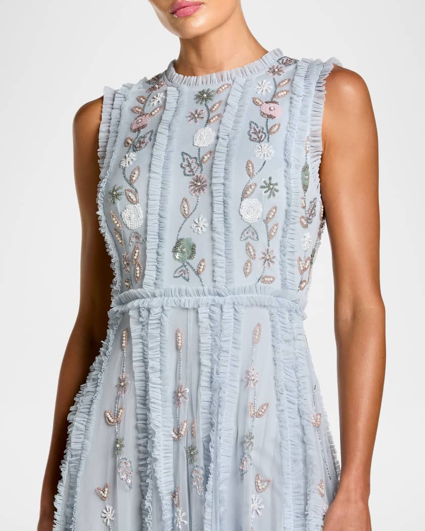 Mac Duggal Women's Floral Mesh Sleeveless A-Line Micro Ruffle Gown - Blue - Size 16 - Powder Blue