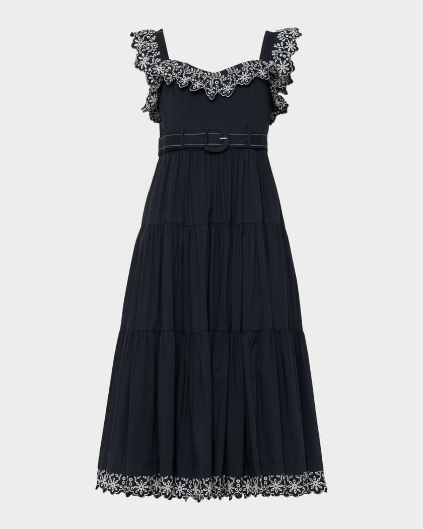 green emerald velvet dress Lima Spaghetti Strap Hand Embroidered Tiered Midi Dress in Florero