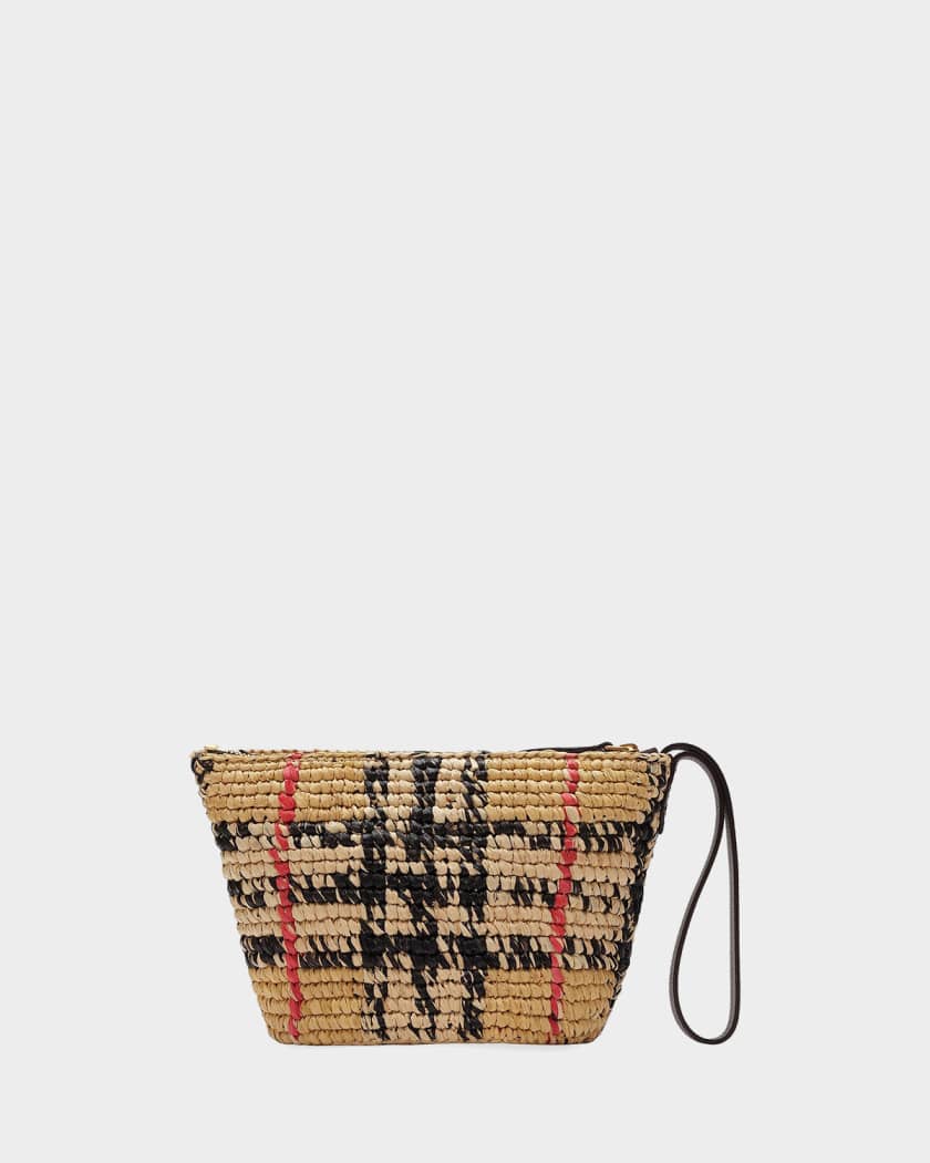 BURBERRY ストライプ ポーチ カラビナ付き Burberry Margate Crochet Check Raffia Pouch Bag | Neiman Marcus