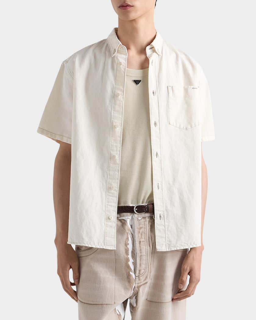Prada Men's Topstitched Cotton-Linen Shirt | Neiman Marcus