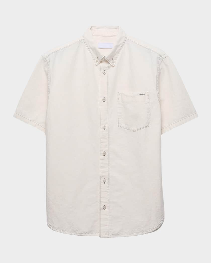 Prada Men's Topstitched Cotton-Linen Shirt | Neiman Marcus