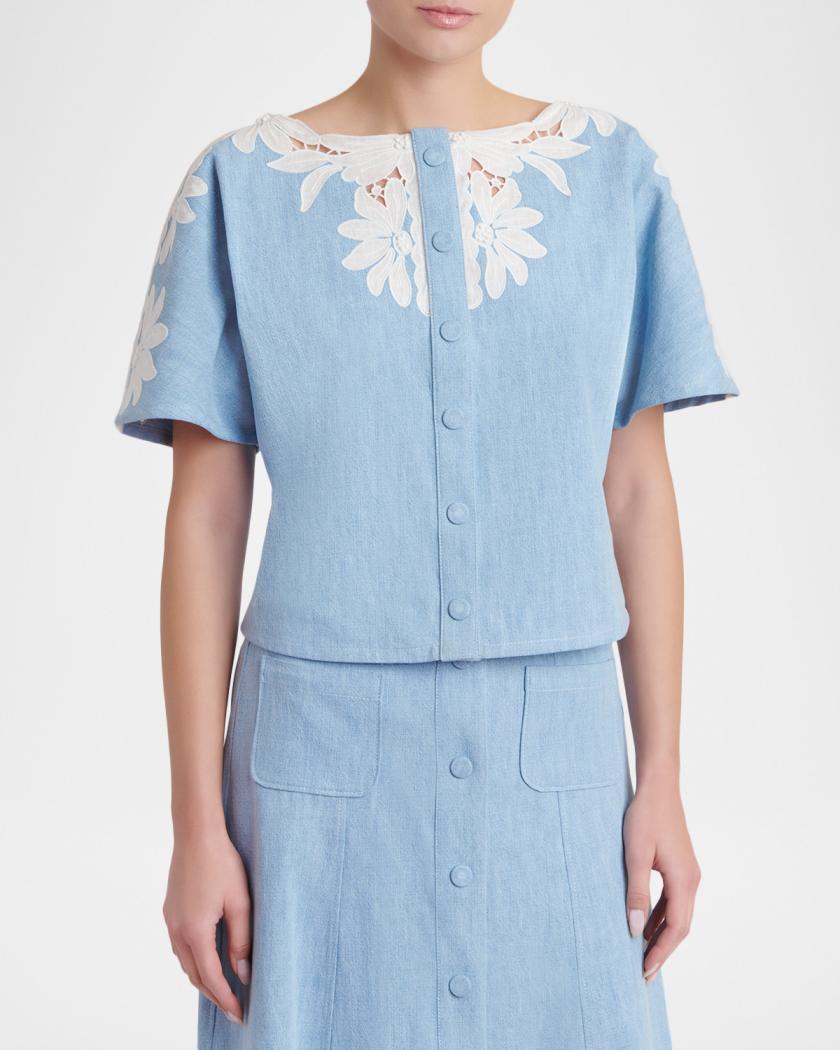Valentino Garavani Short-Sleeve Floral Embroidered Denim Button