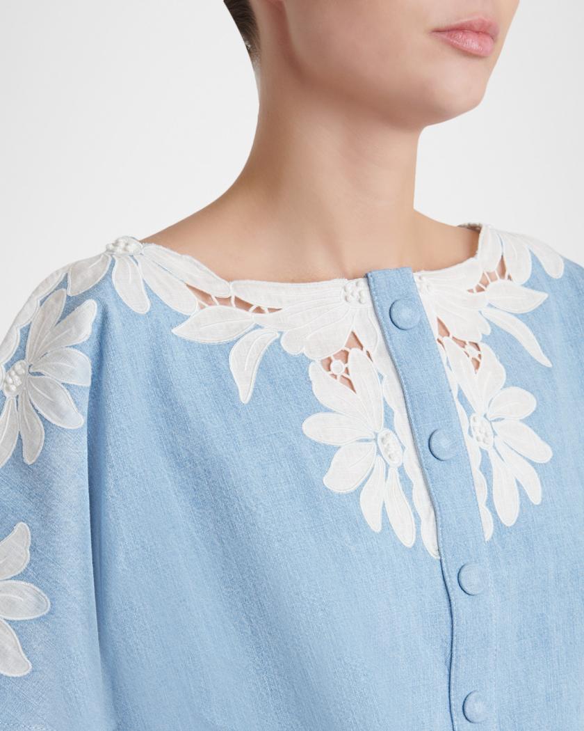Valentino Garavani Short-Sleeve Floral Embroidered Denim Button
