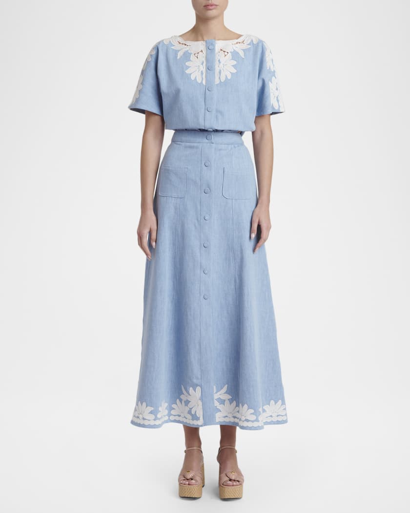 Valentino Garavani Embroidered Denim Button-Front Midi Skirt