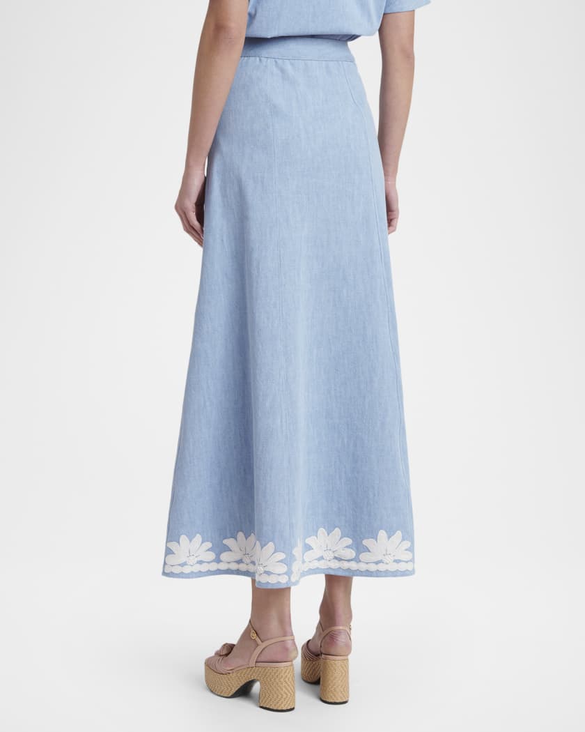 Valentino Garavani Embroidered Denim Button-Front Midi Skirt