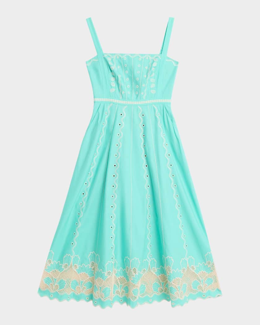 Saloni Women's Aurora Embroidered Cotton Midi-Dress - Freshmint Trellis - Size 4