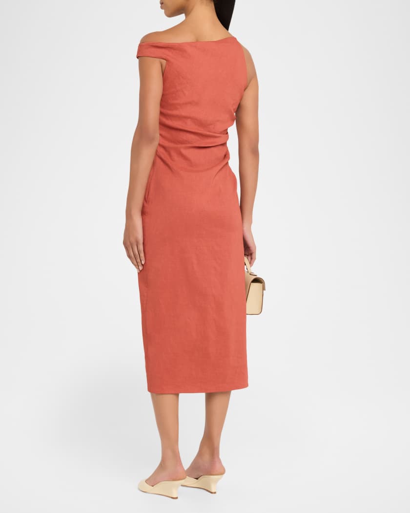 A.L.C. Lyra Draped Linen-Blend Midi Dress | Neiman Marcus