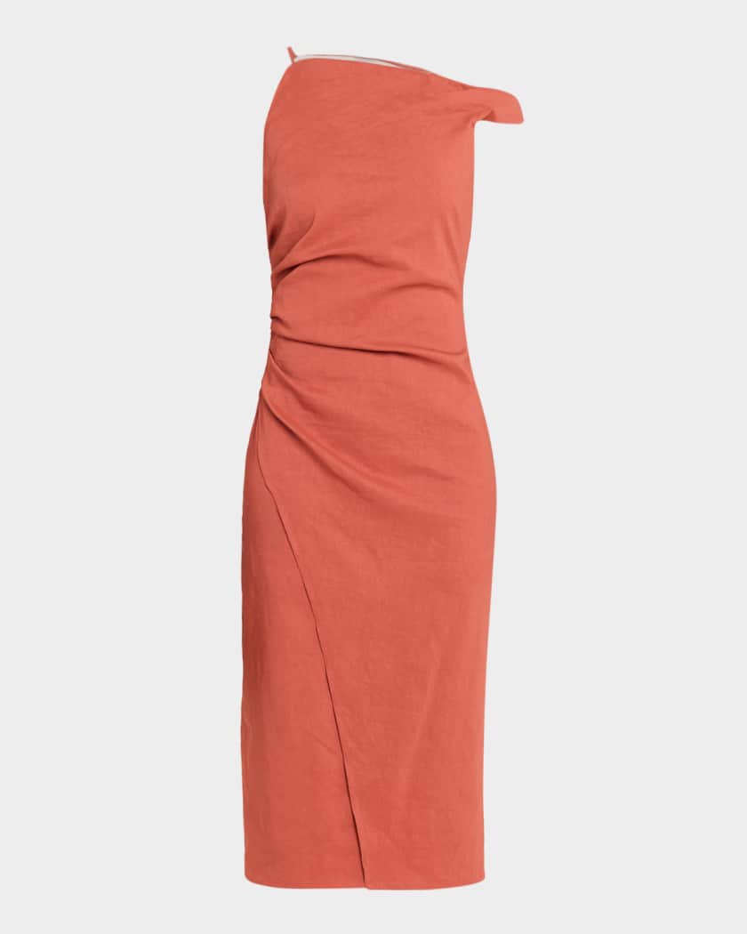 A.L.C. Lyra Draped Linen-Blend Midi Dress | Neiman Marcus