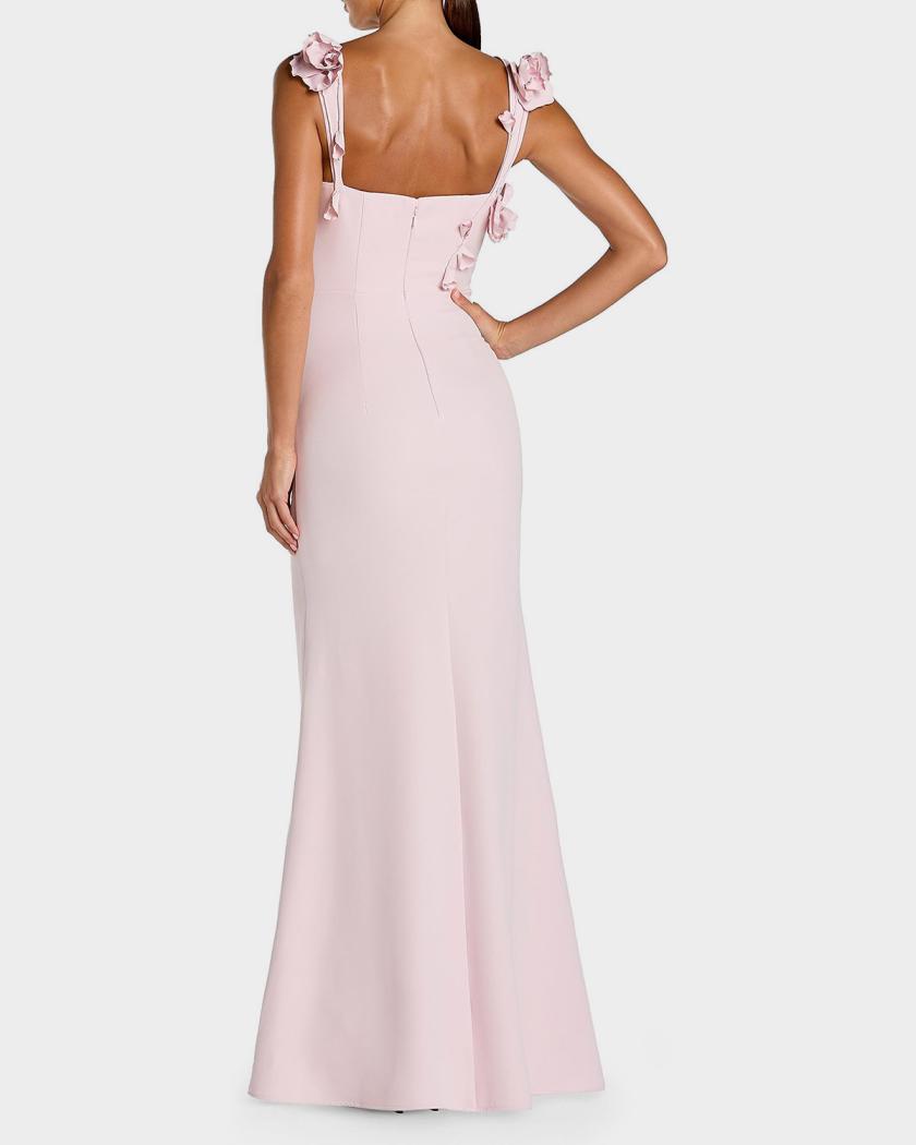 Floral-Appliqué Square-Neck Column Gown