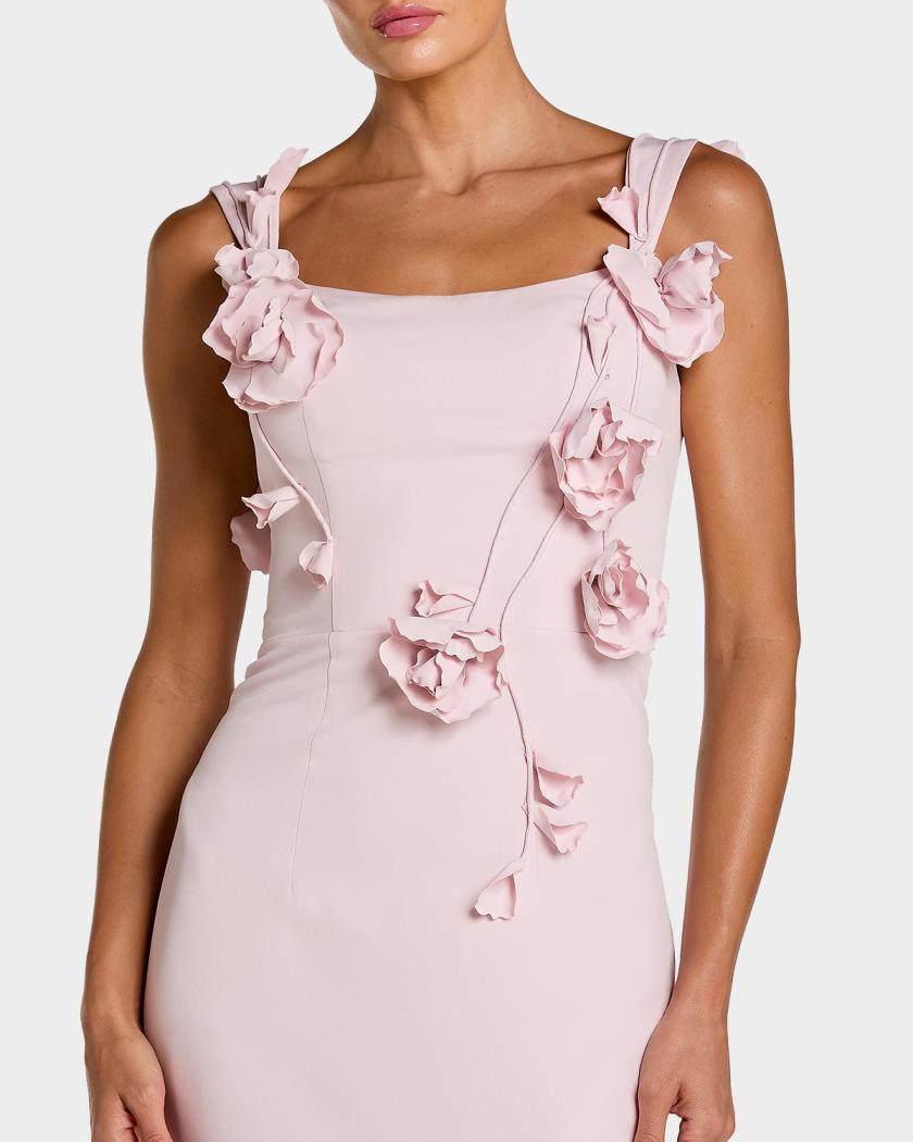 Floral-Appliqué Square-Neck Column Gown