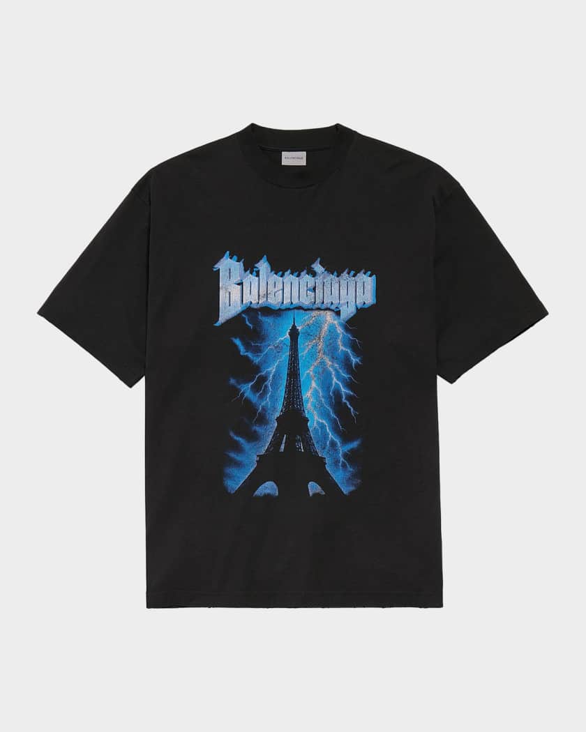 Balenciaga Men's Paris Thunderstorm Oversized T-Shirt | Neiman Marcus