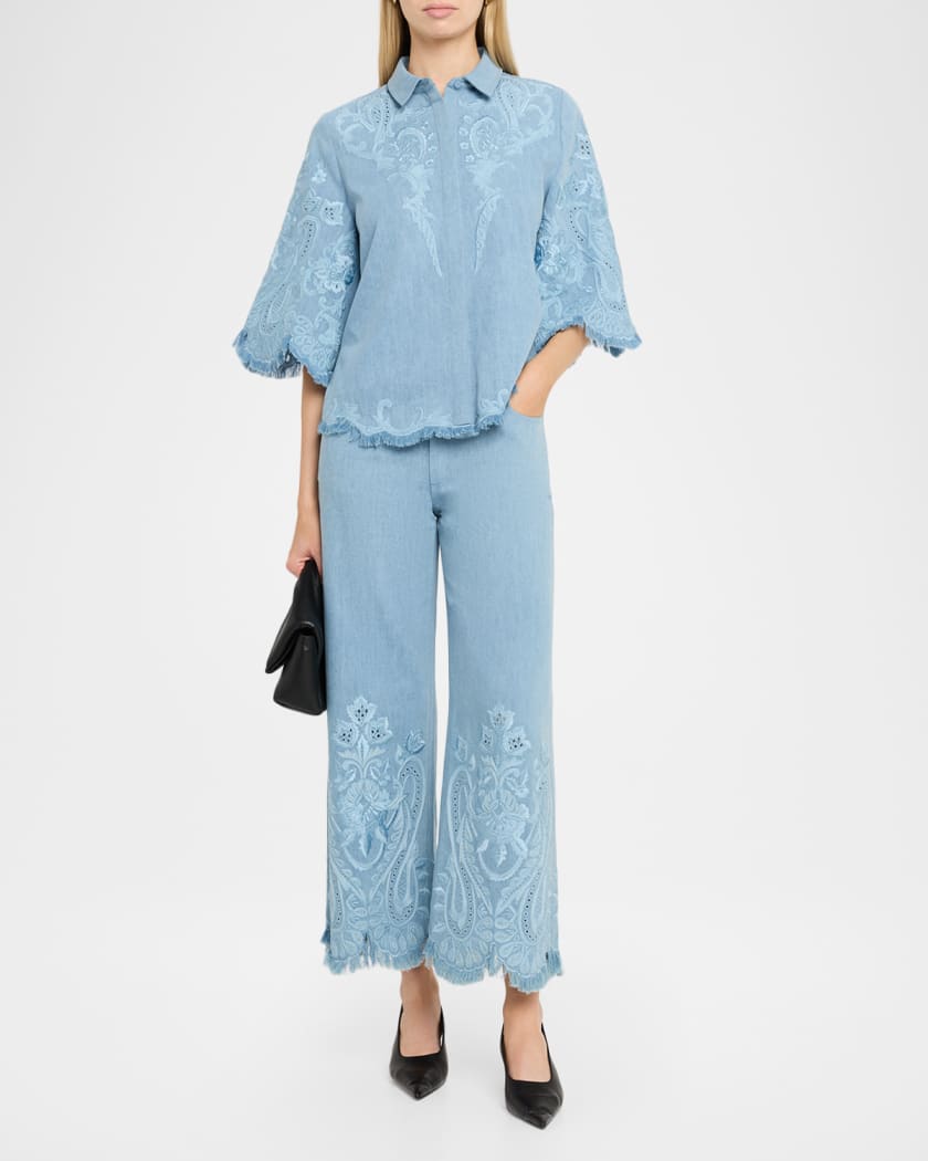 Kobi Halperin Marigold Embroidered Washed Denim Wide-Leg Pants