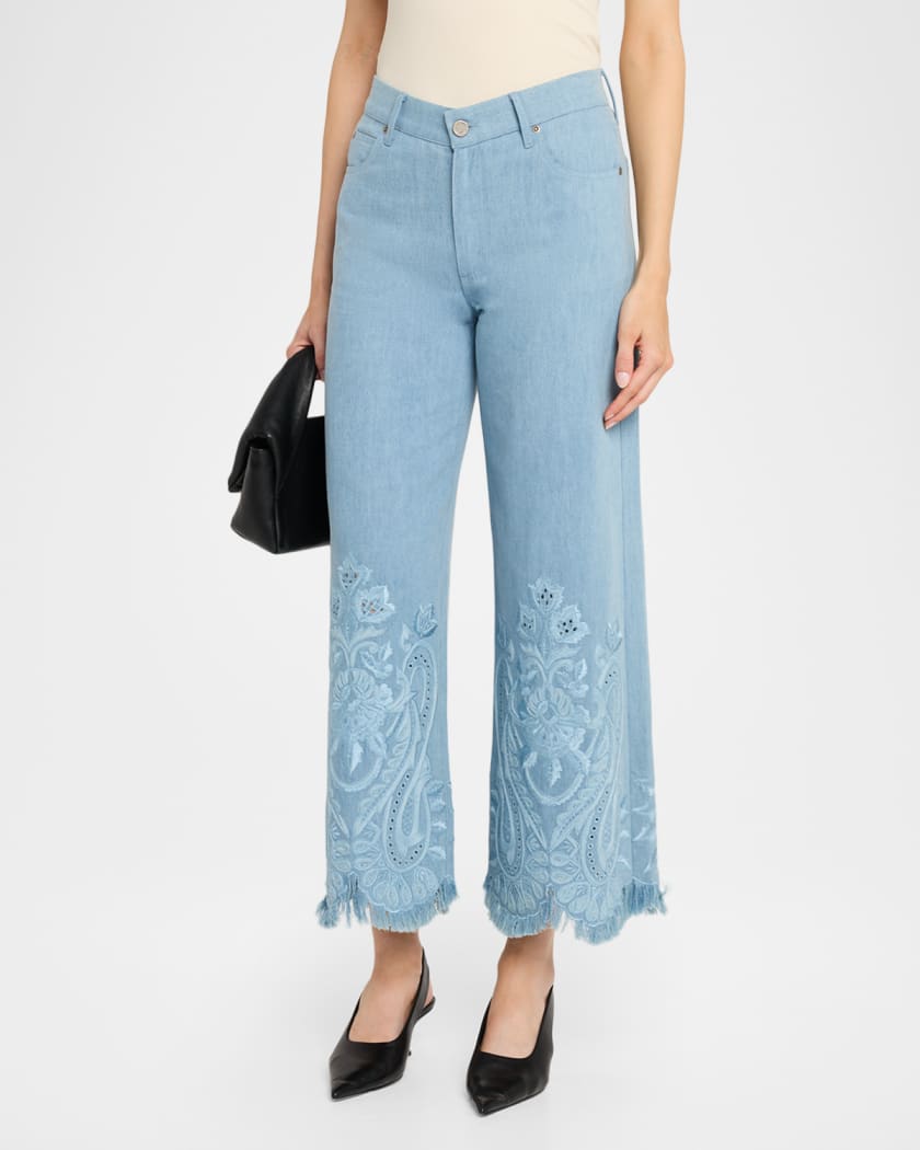 Kobi Halperin Marigold Embroidered Washed Denim Wide-Leg Pants
