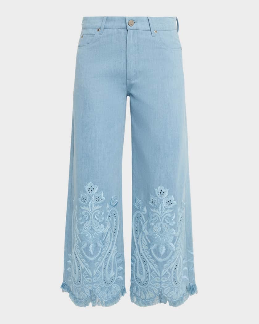 Kobi Halperin Marigold Embroidered Washed Denim Wide-Leg Pants