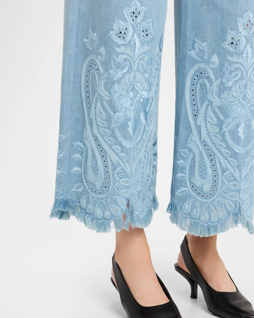 Kobi Halperin Marigold Embroidered Washed Denim Wide-Leg Pants