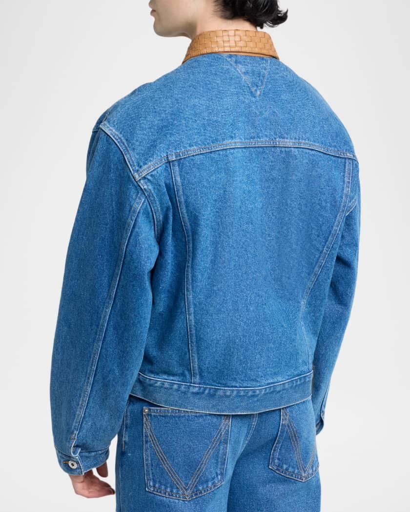 Bottega Veneta Men's Intrecciato-Leather Collar Denim Jacket
