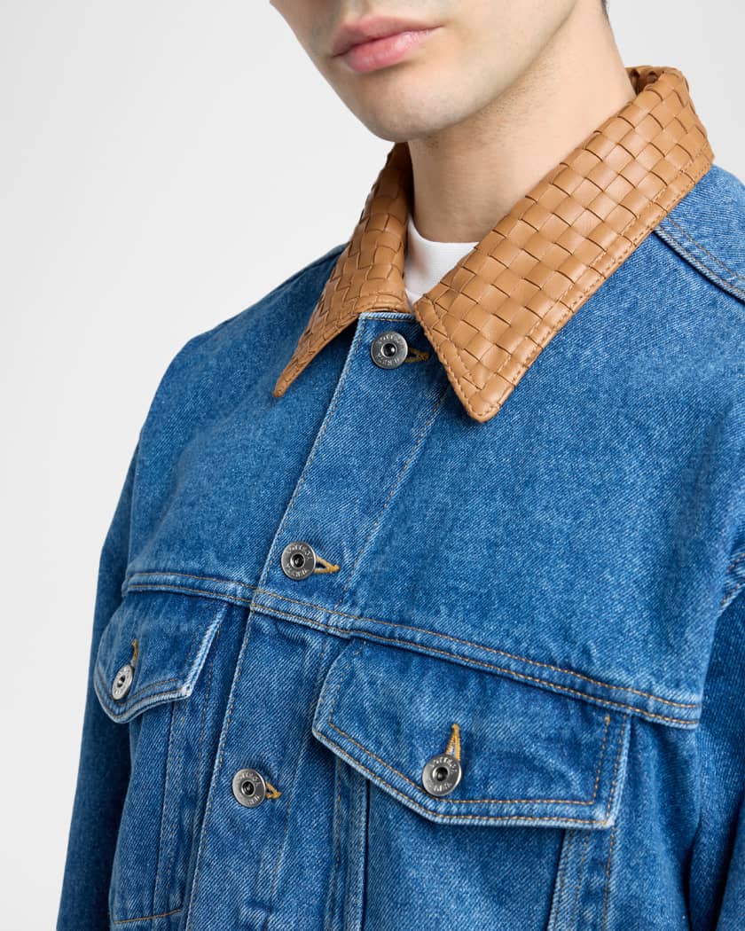 Bottega Veneta Men's Intrecciato-Leather Collar Denim Jacket