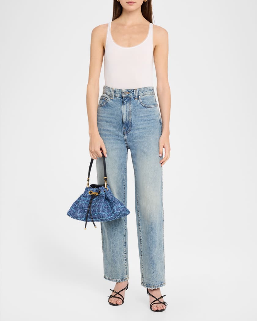 BONCHAN 42cm クロスチェーン Jimmy Choo Bon Bon Crosshatch Denim Shoulder Bag | Neiman Marcus