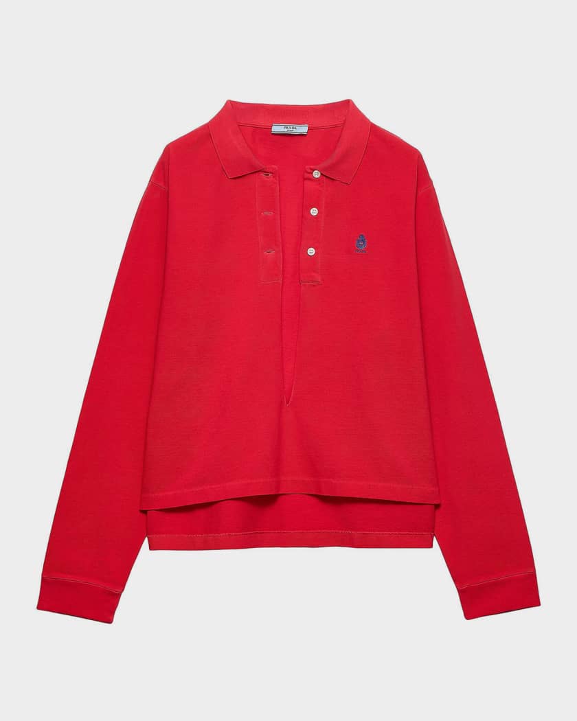 Prada Plunging Long-Sleeve Cotton Pique Polo Shirt | Neiman Marcus