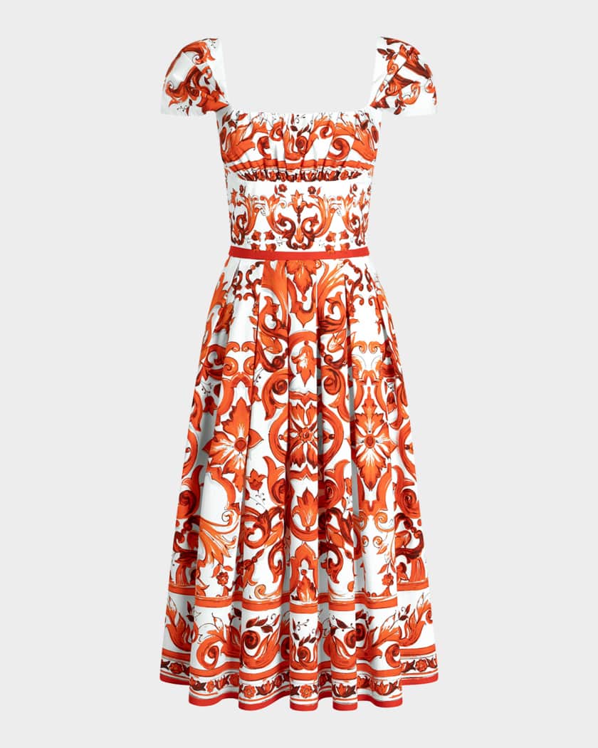 近年物Dolce & Gabbana マジョリカワンピース40 Dolce&Gabbana Majolica-Print Poplin Pleated Midi Dress | Neiman Marcus