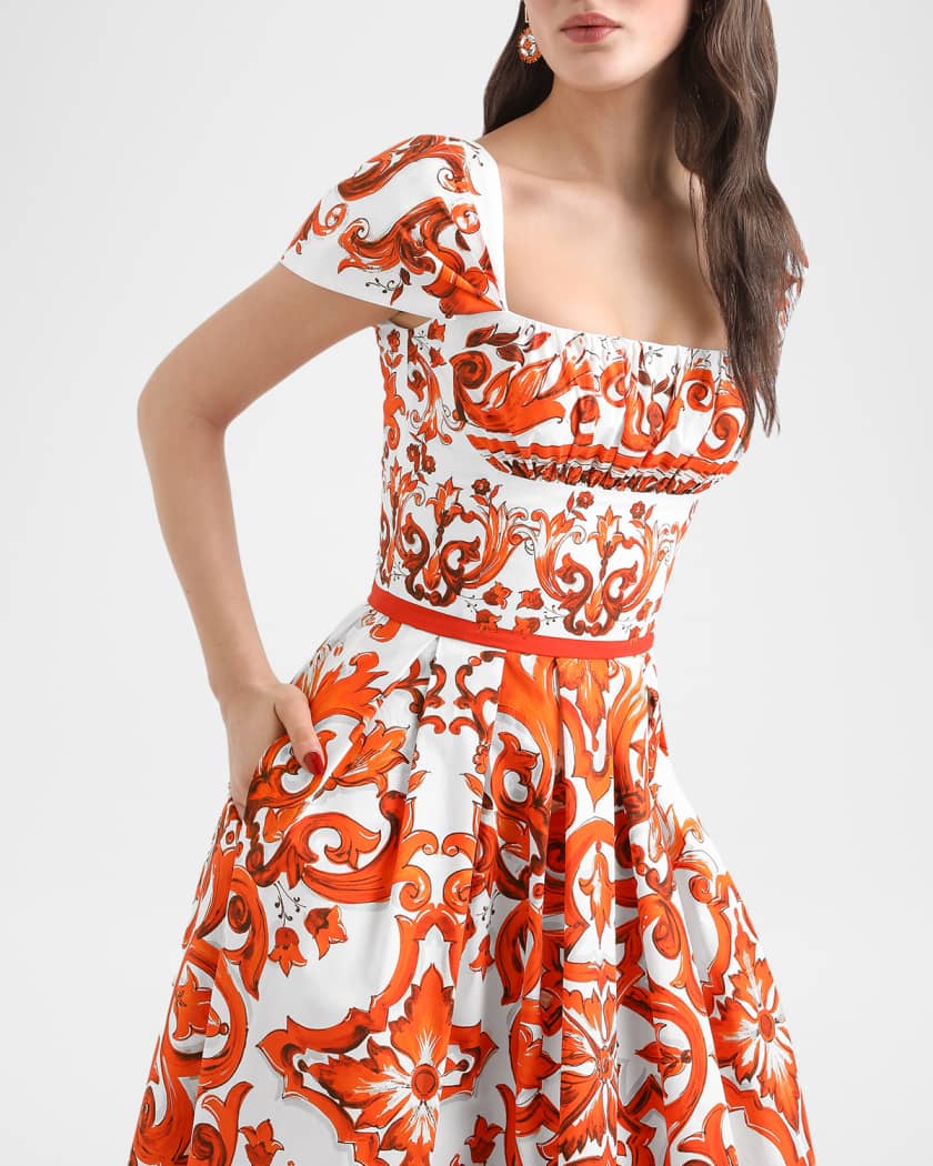 Dolce&Gabbana Majolica-Print Poplin Pleated Midi Dress | Neiman Marcus
