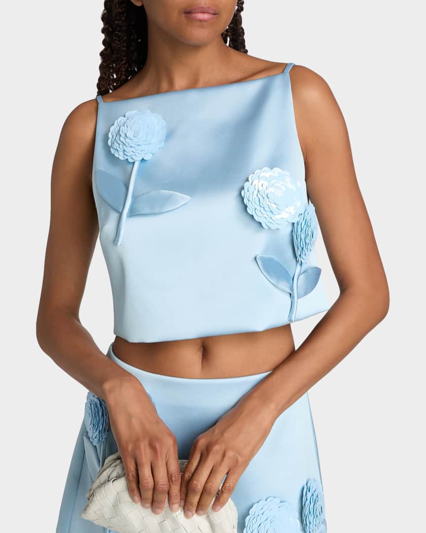 self-portrait フラワートップス Self-Portrait Satin 3D Sequined Flower Top | Neiman Marcus