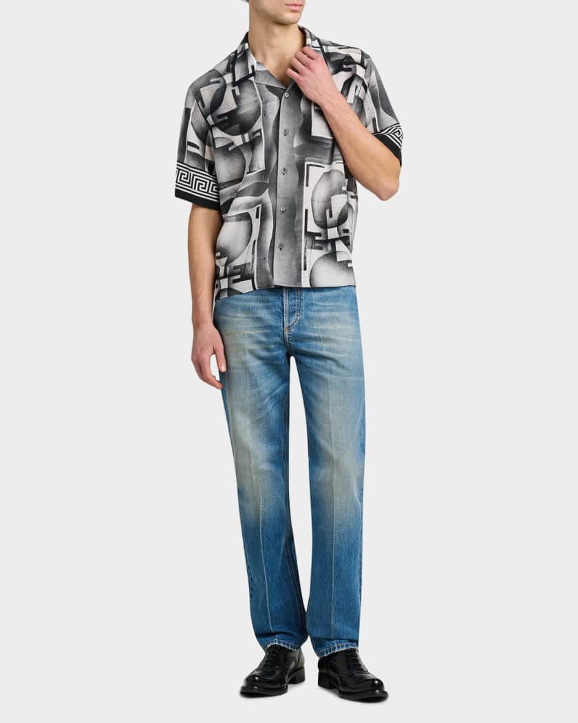 Versace Men's Silk Abstract La Greca-Trim Camp Shirt | Neiman Marcus