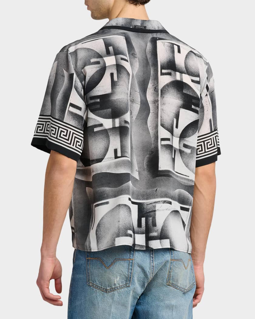 Versace Men's Silk Abstract La Greca-Trim Camp Shirt | Neiman Marcus