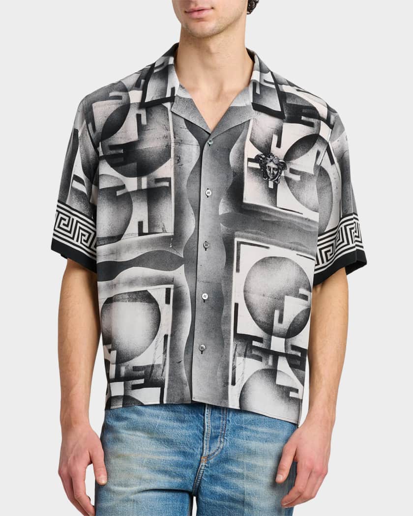 Versace Men's Silk Abstract La Greca-Trim Camp Shirt | Neiman Marcus